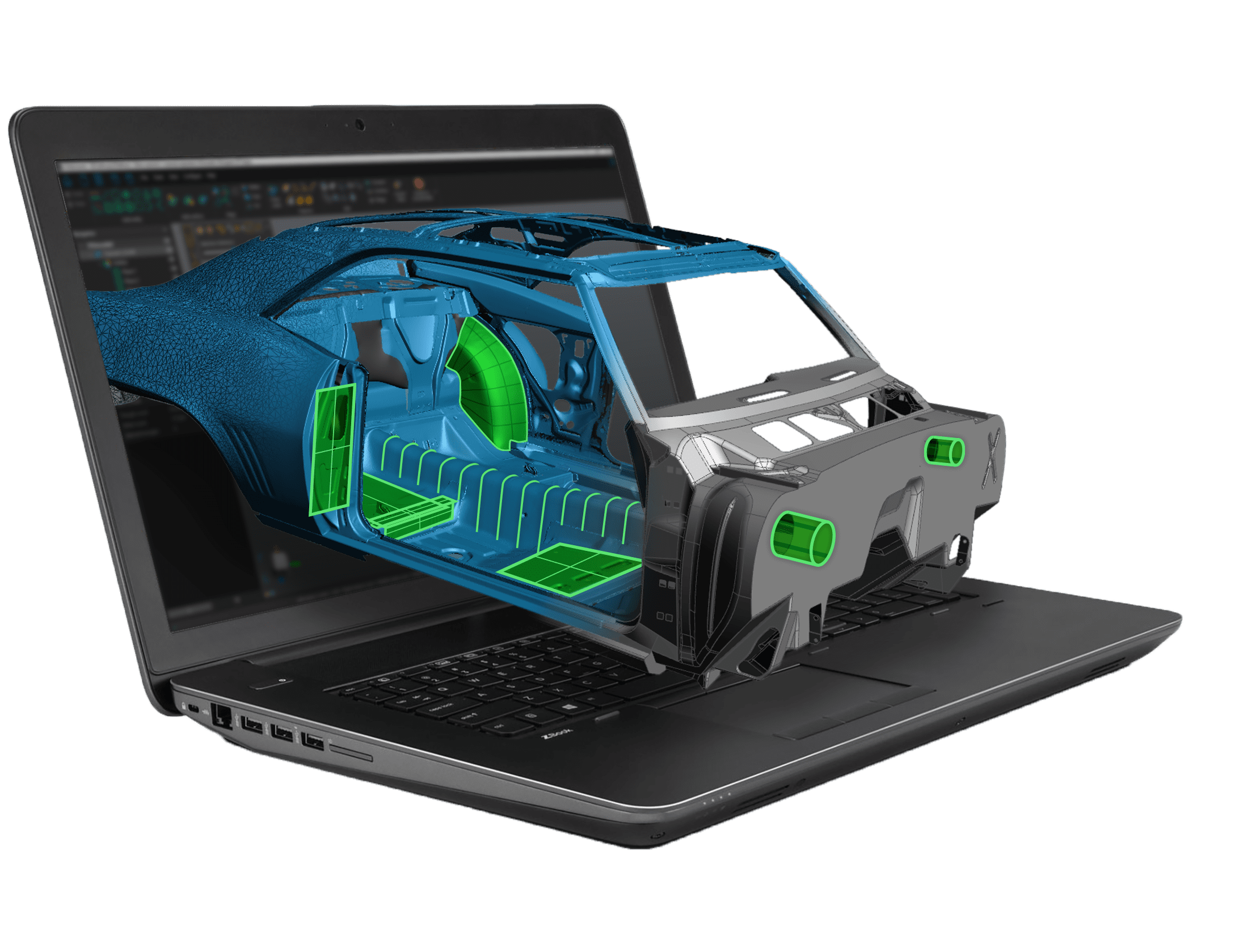 Image shows graphic representation of a laptop with a 3D CAD design 