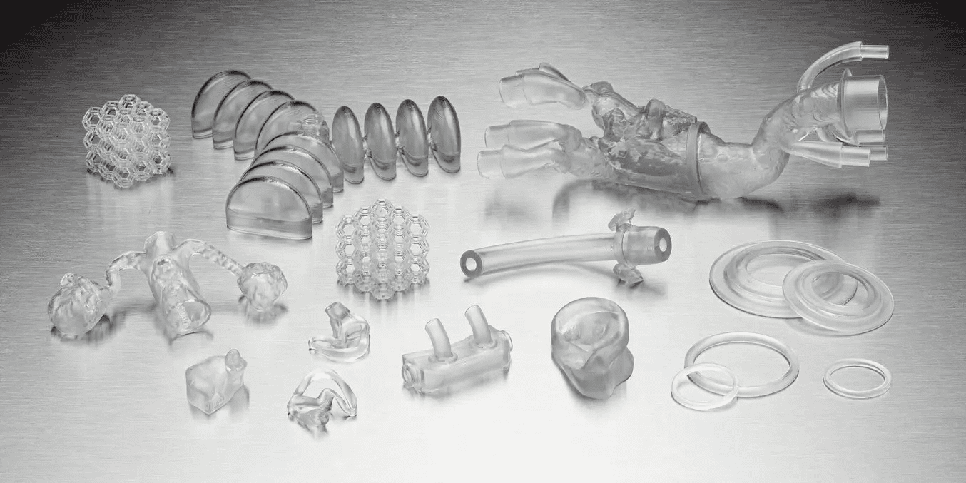 A multitude of 3D printed medical devices made of Biomed resins