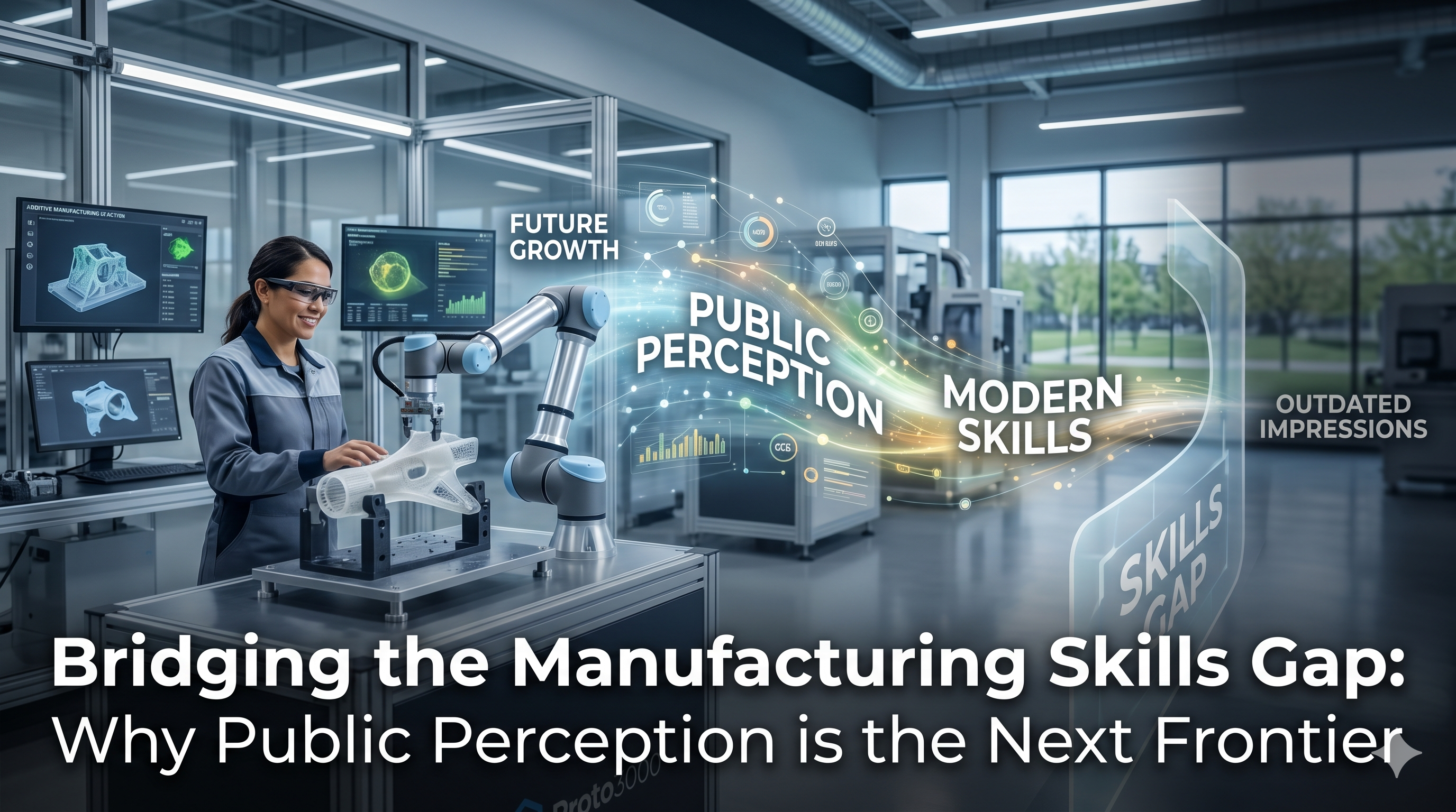 A professional woman working in a high-tech, sunlit manufacturing facility using a robotic arm to inspect a 3D-printed aerospace part. Glowing digital overlays across the scene display phrases like "Public Perception," "Modern Skills," and "Future Growth," bridging the divide between a dark "Skills Gap" and a bright, modern factory floor.