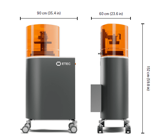 Image shows ETEC's DLP 3D Printer, PRO XL measurements