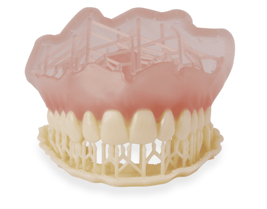 Image shows 3D printed digital denture and teeth with SLA material from Formlabs