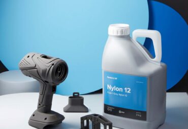 Image shows Formlabs' Nylon 12 SLS powder container and 3D-printed parts