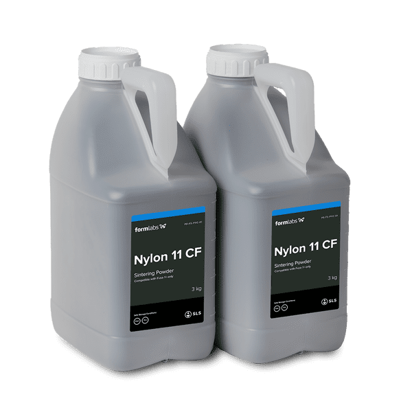Image shows bottles of Nylon 11 CF powder from Formlabs
