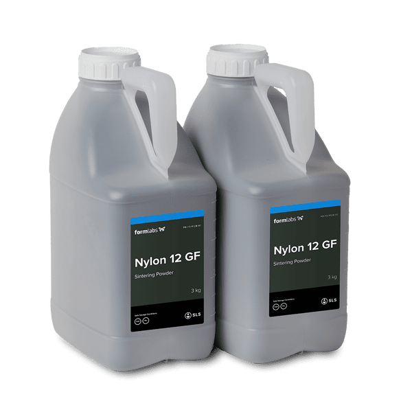 Image shows two bottles of Nylon 12 GF SLS powder from Formlabs