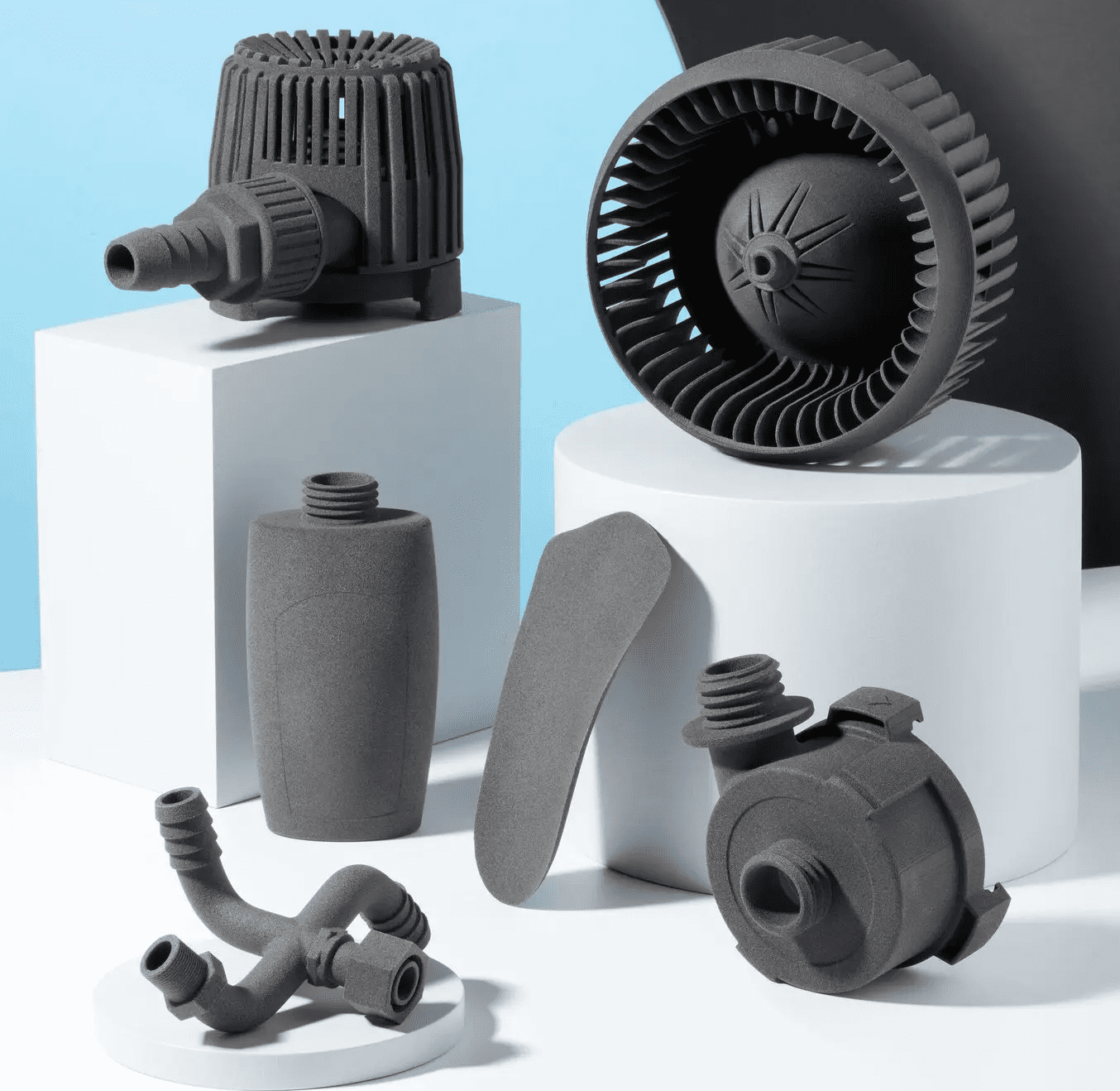 Image shows 3D-printed parts from many industries with Polypropylene powder from formlabs