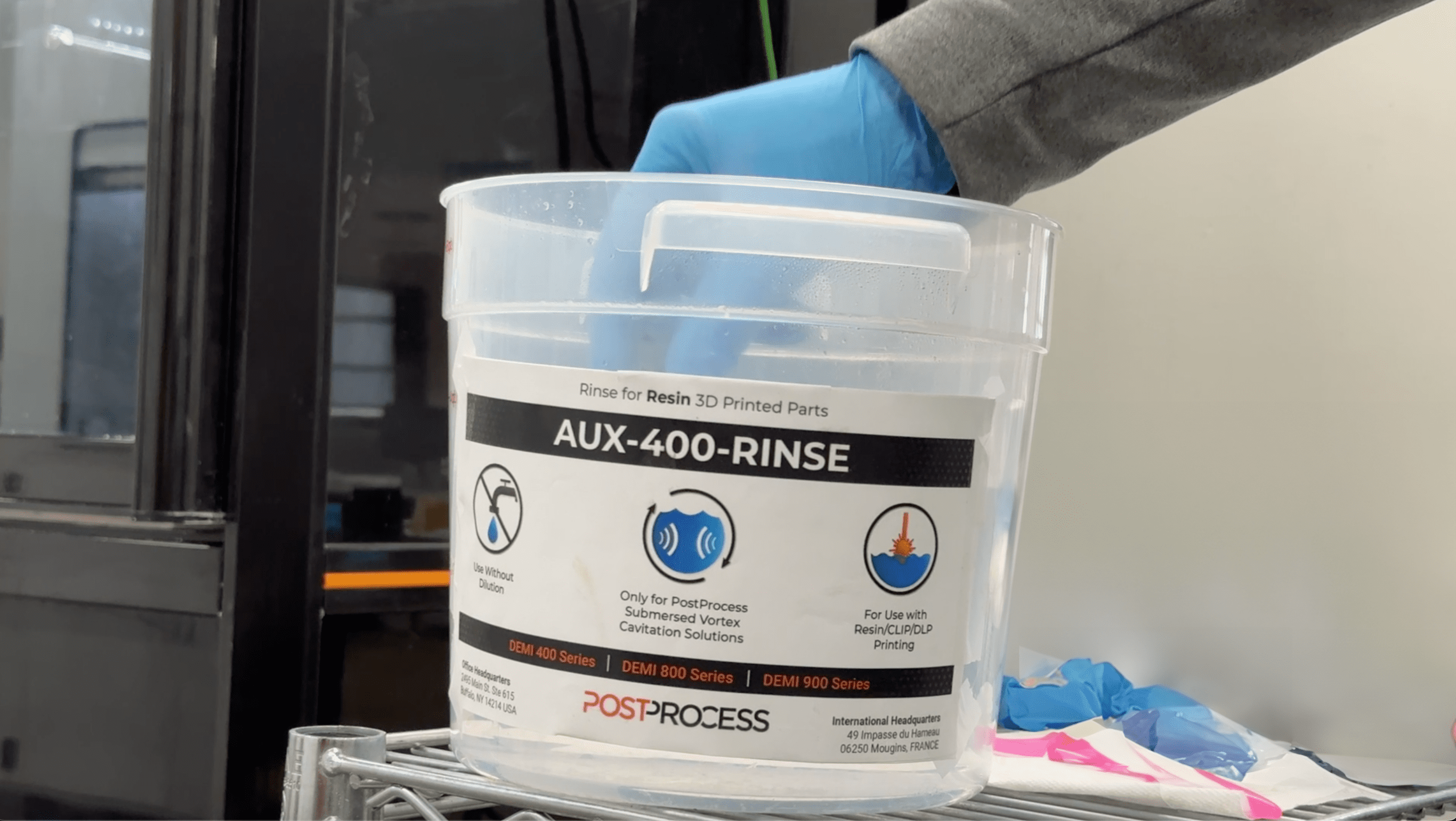 Image shows PostProcess Technologies drum of 400-AUX-RINSE biocompatible detergent