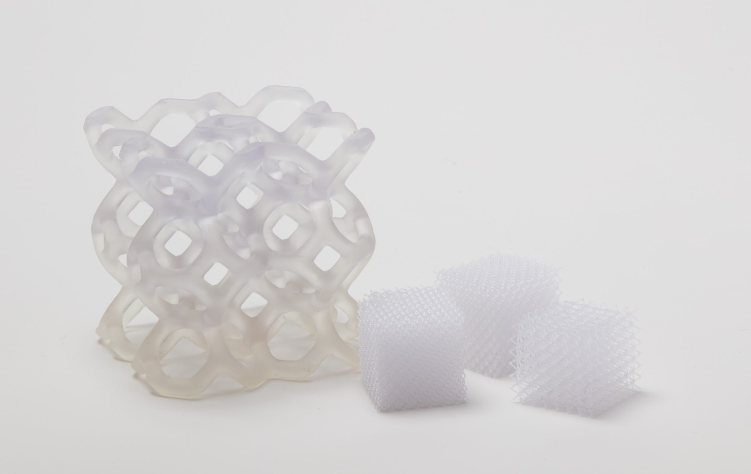 Image of transparent lattice-type cubes 3D printed with Formlabs Flexible 80A resin