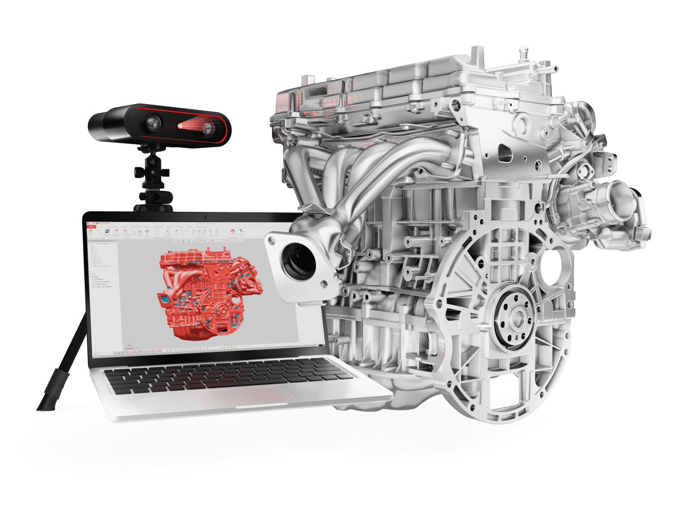 Graphic visual of an auto engine in Geomagic Design X software